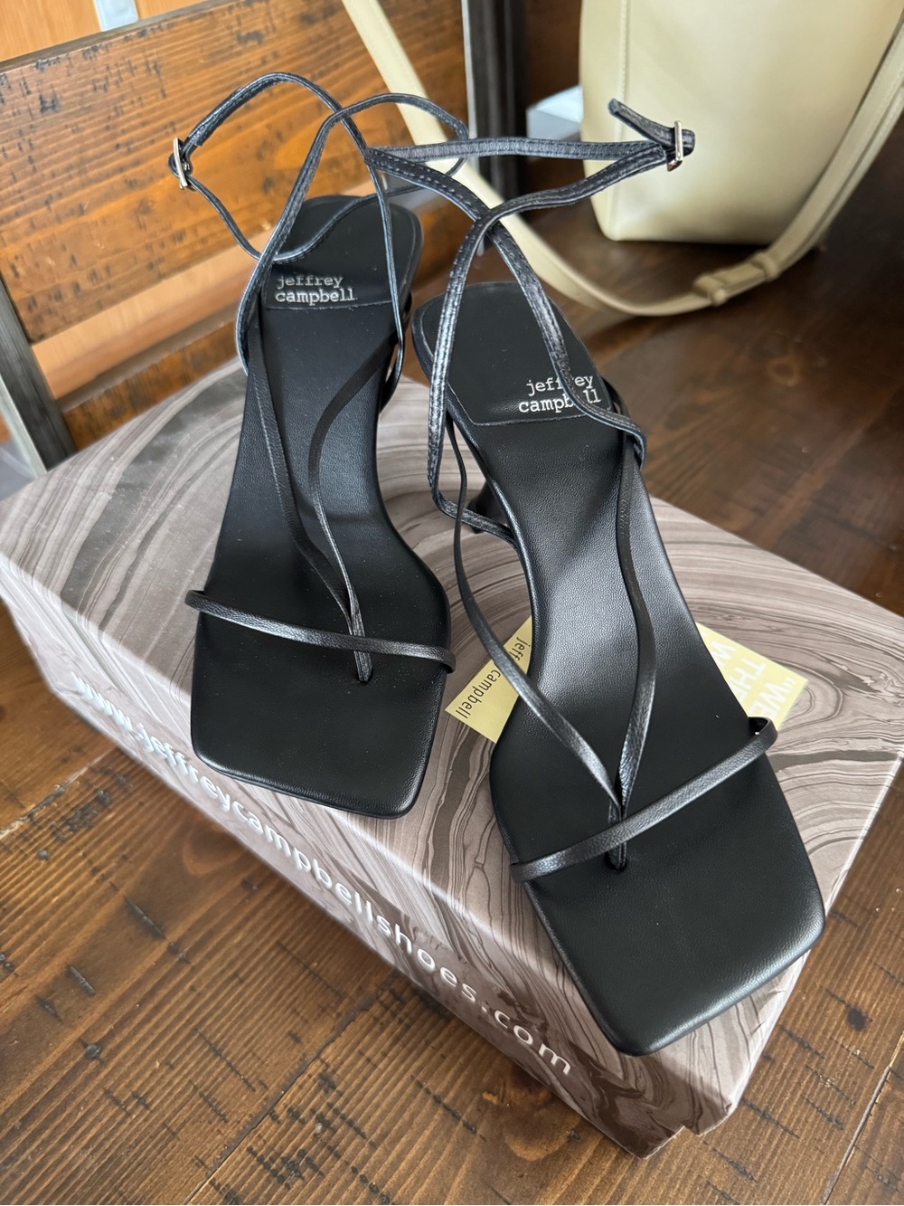 Jeffrey Campbell Black Strappy Square-Toe Heeled Sandals with Ankle Wrap